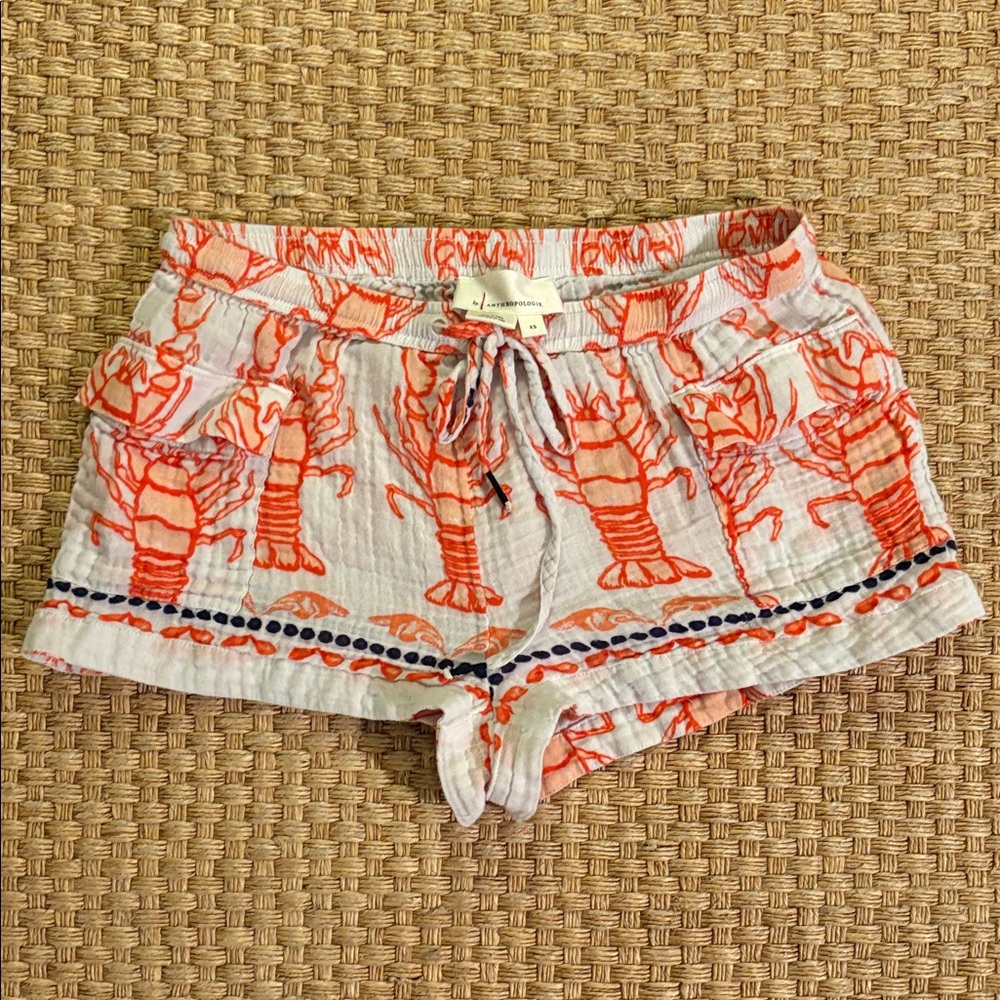 Anthropologie White Shorts with Orange Lobster Print and Navy Trim